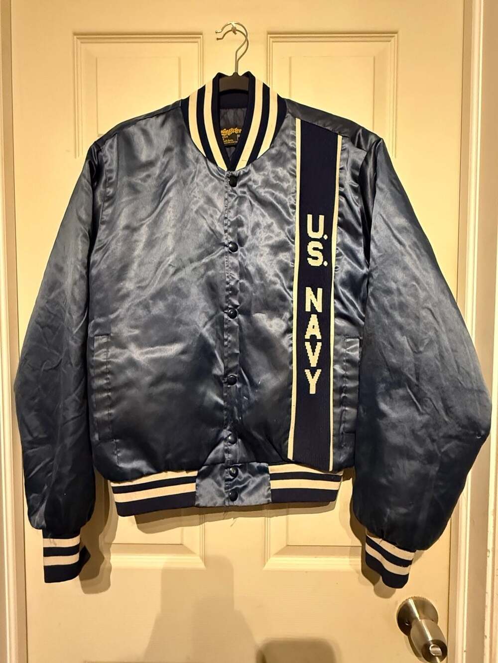 Swingster US Navy Satin Bomber Jacket Size Medium Blue Vintage
